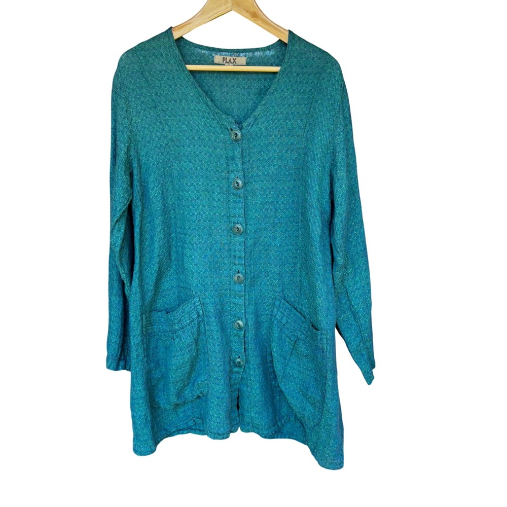 FLAX Linen Tunic Button Top Teal Blue Green Pockets Size S Lagenlook Boho Artsy